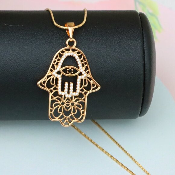 "Rose Gold Hamsa Hand Pendant with Crystal Eye Statement Charm, XPPT1585 - Picture 2 of 12